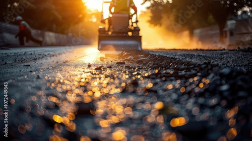 A construction worker finishes paving the road at sunset, creating a glowing haze.