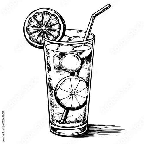 Lemonade glass ink illustration in black and white