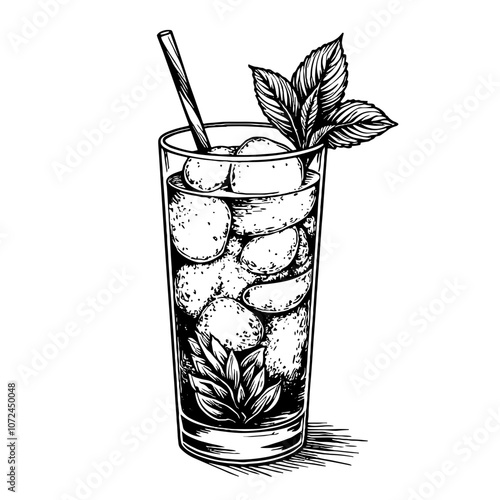 Mint mojito illustration in black and white ink style