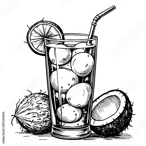 Coconut mojito cocktail sketch in black and white ink style