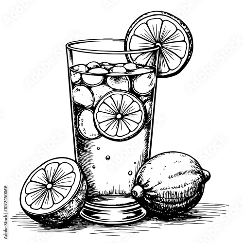 Black and white ink illustration of lemon iced tea glass