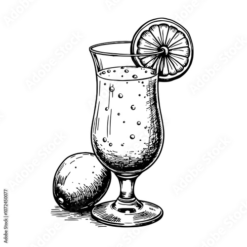 Mango lassi drink illustration in black and white ink style