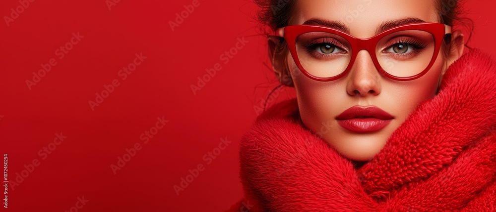 A woman wearing red glasses and a red fur coat A woman wearing red glasses and a red fur coat