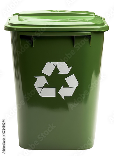 Large green recycling bin with eco symbol on transparent background, suited for waste management and recycling concepts.