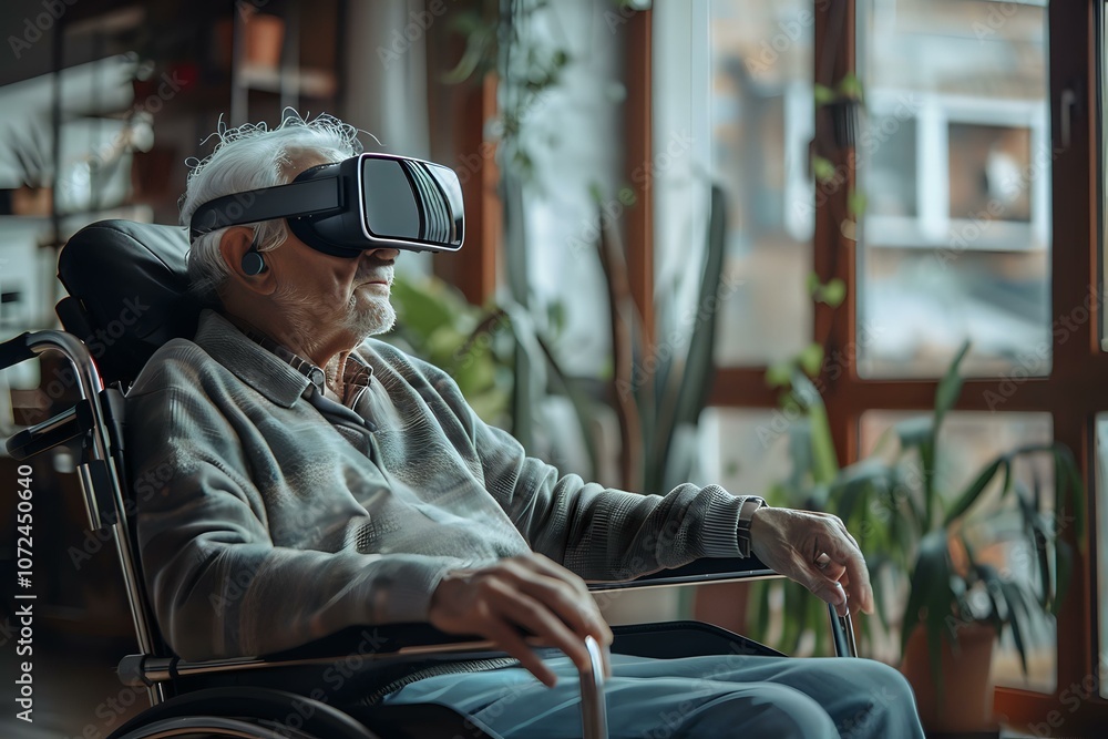 An elderly man in a wheelchair wearing a VR headset, immersed in a virtual experience, with a cozy indoor background and plants. Perfect for themes of technology, accessibility, and innovation. An elderly man in a wheelchair wearing a VR headset, immersed in a virtual experience, with a cozy indoor background and plants. Perfect for themes of technology, accessibility, and innovation.