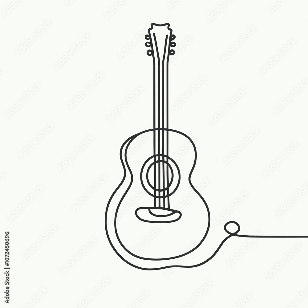 Minimalist one-line art design of an acoustic guitar on a clean white background. Minimalist one-line art design of an acoustic guitar on a clean white background.
