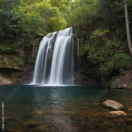 Majestic Waterfall Cascading into Clear Blue Pool Surrounded by Lush Forest
