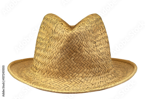 Classic woven straw hat with natural fibres, isolated on transparent background, perfect for holiday, travel, and beach scenes.