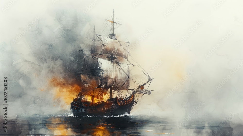 A dramatic scene of a burning ship amidst fog and smoke on a tranquil sea.