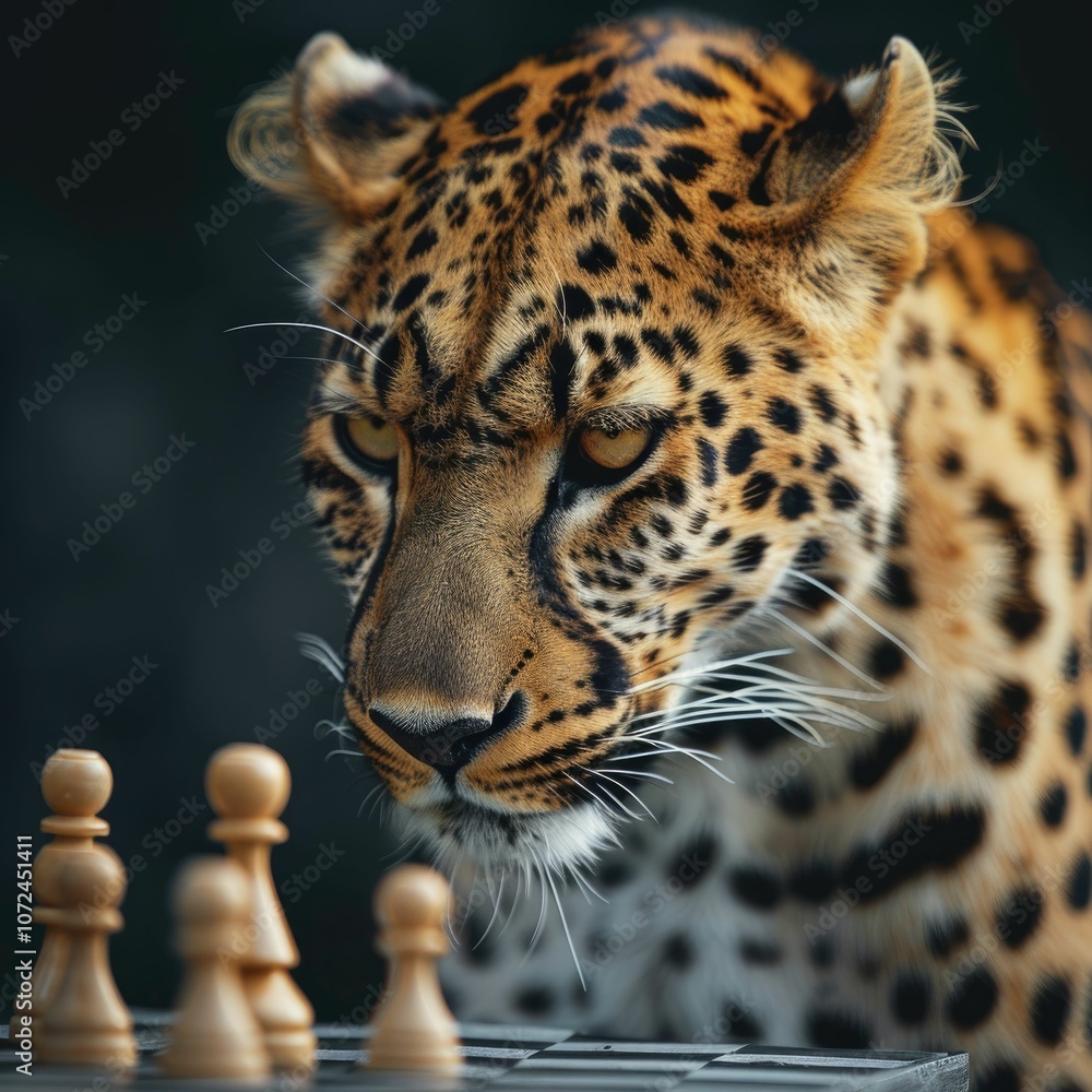 Fototapeta premium A focused leopard intently observing a chess game, showcasing intelligence and strategy.