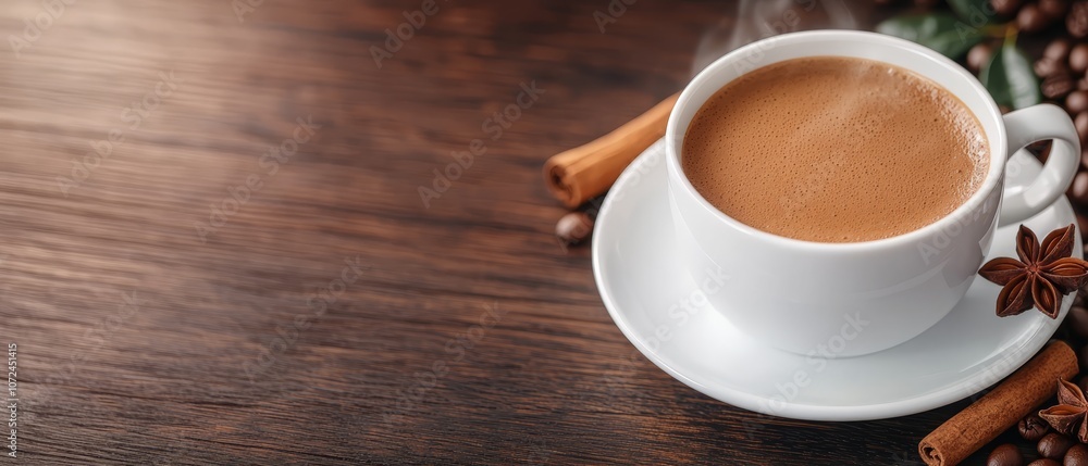 A cup of coffee on a saucer next to coffee beans and cinnamon A cup of coffee on a saucer next to coffee beans and cinnamon