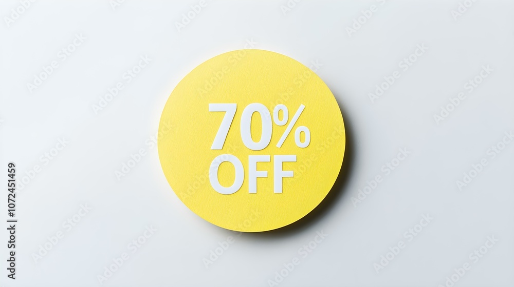 White '70% OFF' Text on a Light Yellow Round Paper Note. White Background with Copy Space White '70% OFF' Text on a Light Yellow Round Paper Note. White Background with Copy Space