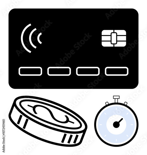Credit card with contactless symbol coin and stopwatch. Ideal for finance, banking, technology, e-commerce, transactions, security, and time management. Line metaphor
