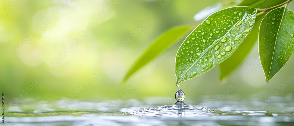 A drop of water on a green leaf in the water A drop of water on a green leaf in the water