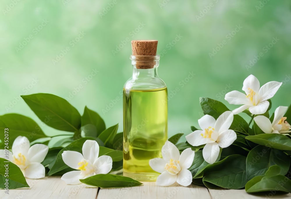 Bottles of jasmine oil surrounded by fresh jasmine flowers and leaves on a green background Bottles of jasmine oil surrounded by fresh jasmine flowers and leaves on a green background