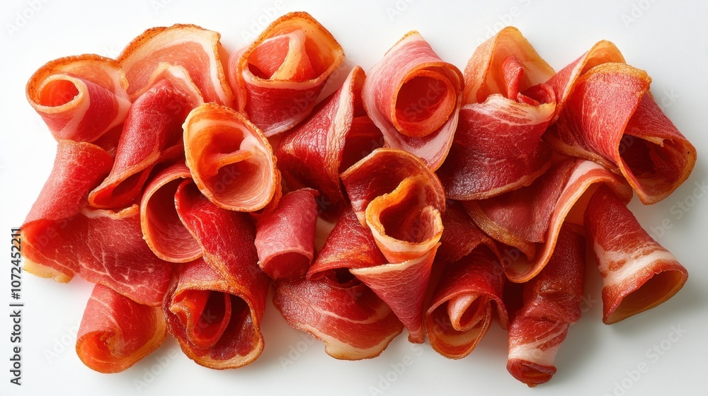 Delicately arranged slices of cured meat artfully resemble roses on a clean surface