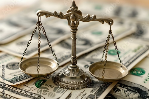 Decorative justice scales on scattered US dollar banknotes background symbolizing financial law, business ethics and economic balance.