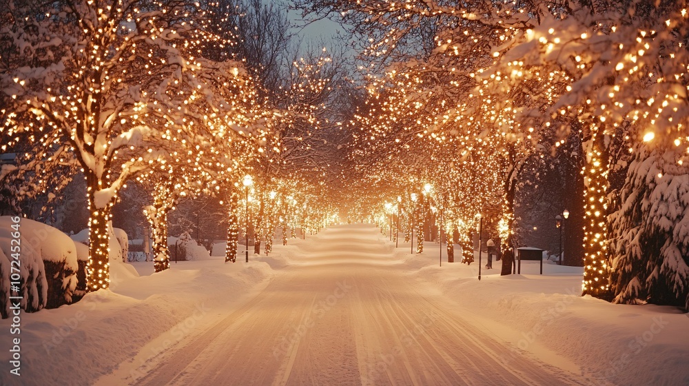 A serene winter scene featuring snow-covered trees adorned with sparkling lights, creating a magical atmosphere along a tranquil pathway. A serene winter scene featuring snow-covered trees adorned with sparkling lights, creating a magical atmosphere along a tranquil pathway.