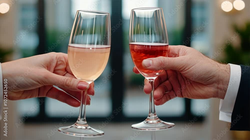 Celebration Toast: Two hands clinking champagne flutes, one holding rosé and the other a sparkling wine, against a softly blurred background of a modern interior. A moment of refined celebration. Celebration Toast: Two hands clinking champagne flutes, one holding rosé and the other a sparkling wine, against a softly blurred background of a modern interior. A moment of refined celebration.