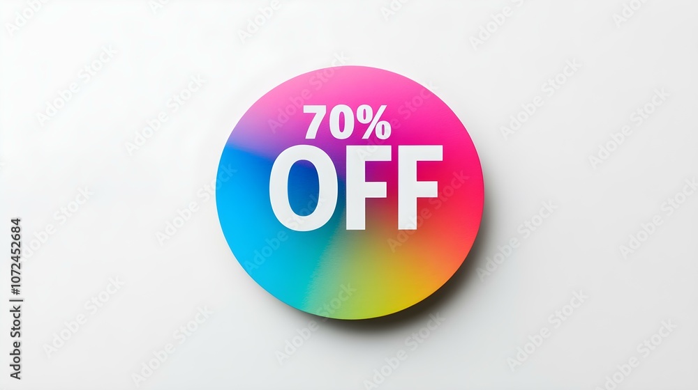 White '70% OFF' Text on a Multicolor Round Paper Note. White Background with Copy Space White '70% OFF' Text on a Multicolor Round Paper Note. White Background with Copy Space