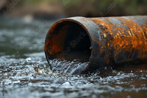 Rusty industrial drainage pipe with contaminated water discharge, environmental pollution concept showing toxic waste flowing into natural water source. photo