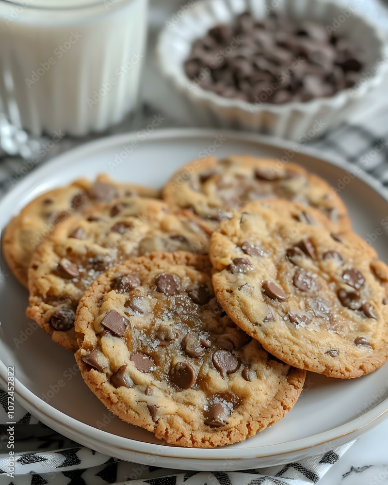 A plate of freshly baked chocolate chip cookies, sprinkled with sugar crystals, served with a glass of milk and a bowl of chocolate chips in the background. Cozy and inviting. A plate of freshly baked chocolate chip cookies, sprinkled with sugar crystals, served with a glass of milk and a bowl of chocolate chips in the background. Cozy and inviting.