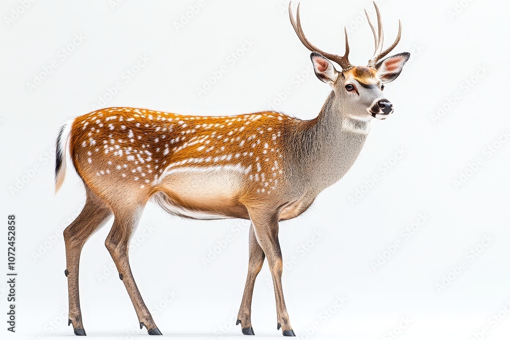Obraz premium Majestic spotted deer in profile against white background