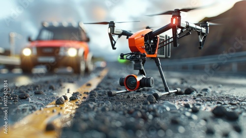 A modern drone captures aerial views while parked on a rugged road..