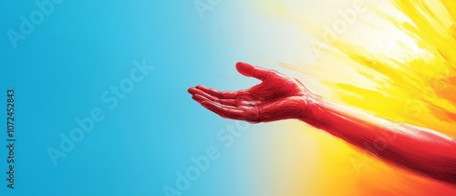 A hand reaching out to the sun with a blue sky in the background