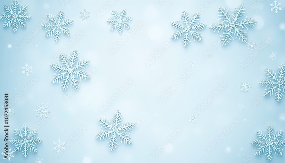 White snowflakes of different sizes are arranged on a light blue background, creating a festive and magical winter wonderland scene. Christmas template. White snowflakes of different sizes are arranged on a light blue background, creating a festive and magical winter wonderland scene. Christmas template.