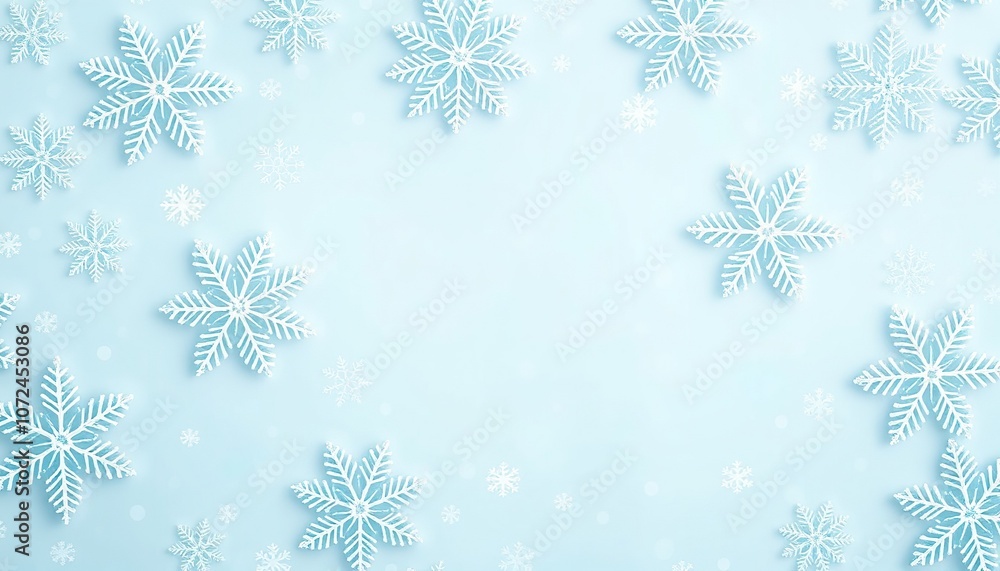 White snowflakes of different sizes are arranged on a light blue background, creating a festive and magical winter wonderland scene. Christmas template. White snowflakes of different sizes are arranged on a light blue background, creating a festive and magical winter wonderland scene. Christmas template.