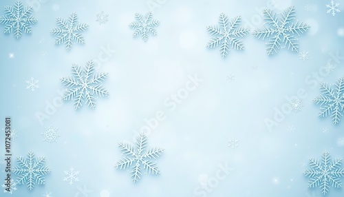 White snowflakes of different sizes are arranged on a light blue background, creating a festive and magical winter wonderland scene. Christmas template.