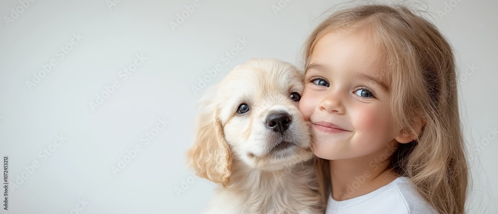 A little girl is kissing a puppy on the cheek A little girl is kissing a puppy on the cheek