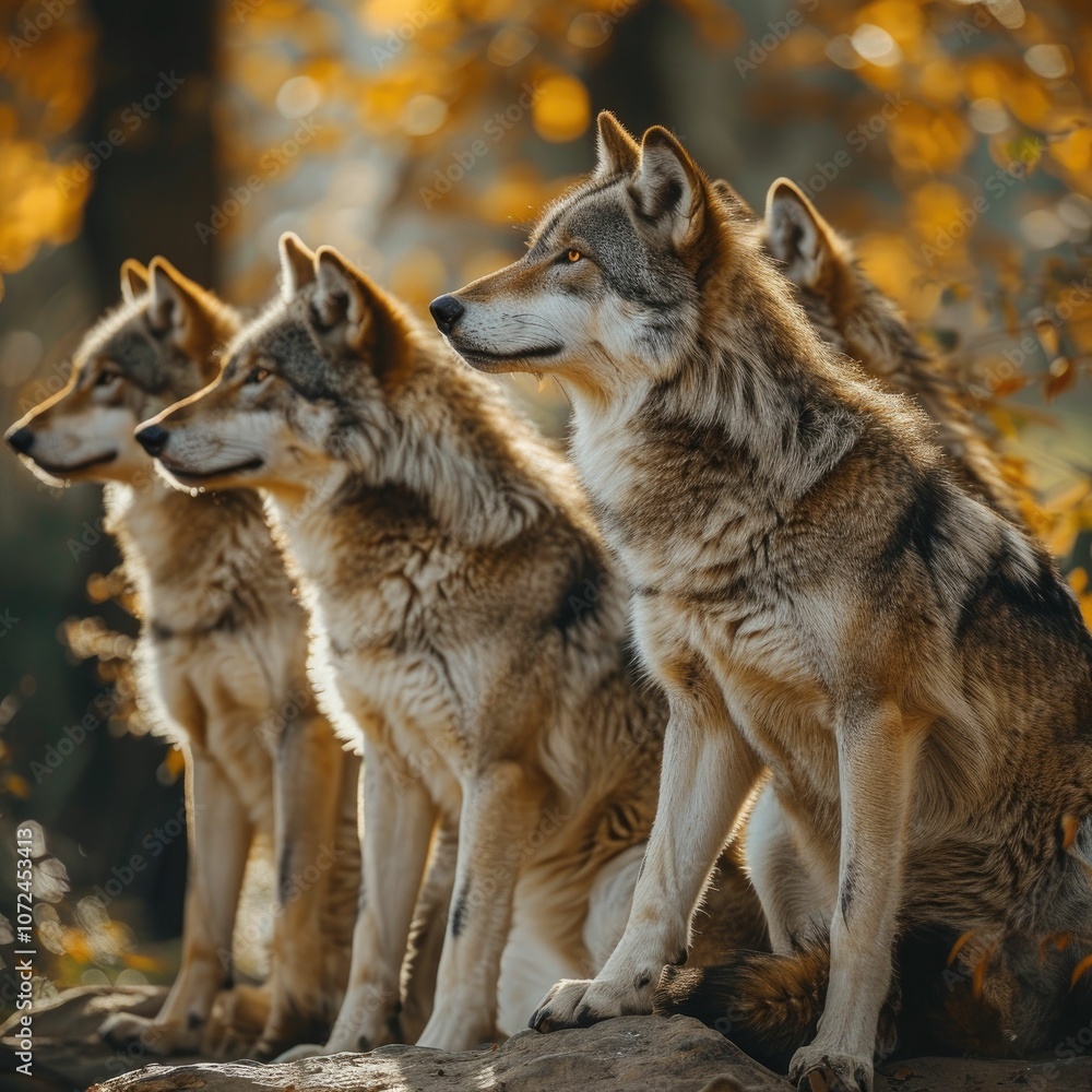 Fototapeta premium A pack of wolves standing together in a serene autumn forest setting.