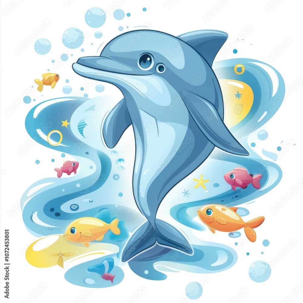 Obraz premium A playful dolphin swimming among colorful fish in a vibrant underwater scene.