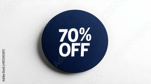 White '70% OFF' Text on a Navy Blue Round Paper Note. White Background with Copy Space