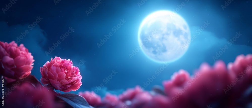 A pink flower in front of a full moon in the night sky A pink flower in front of a full moon in the night sky