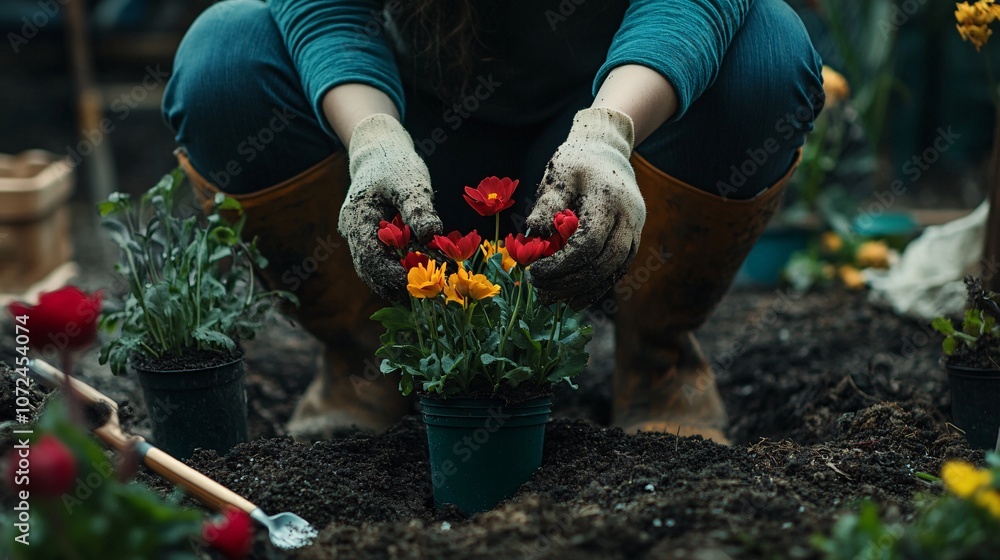 Fototapeta premium A gardener planting colorful flowers in rich soil, showcasing a connection to nature and the joy of cultivating plants.