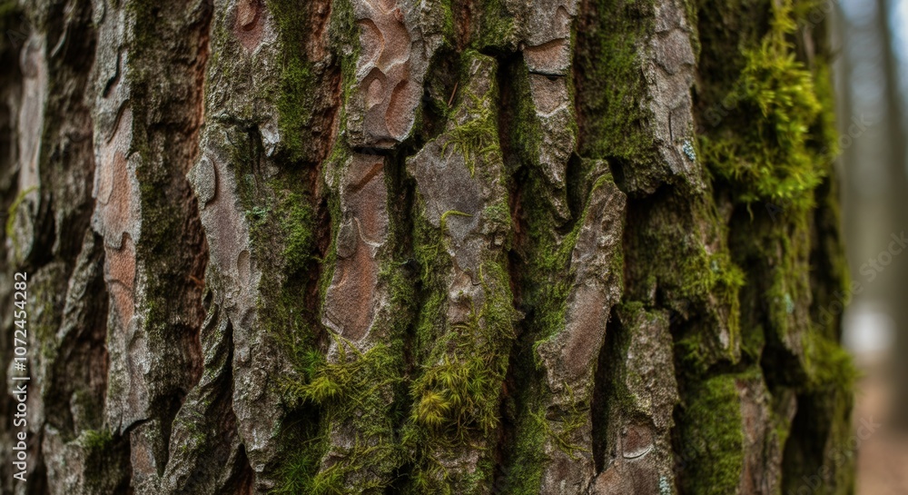 Textured tree bark with vibrant moss closeup in Textured tree bark with vibrant moss closeup in