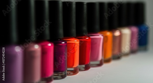 Colorful nail polish bottles lined up on display