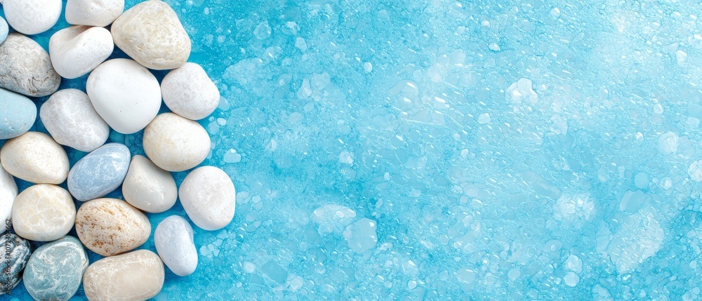 A group of white and blue pebbles on a blue background A group of white and blue pebbles on a blue background