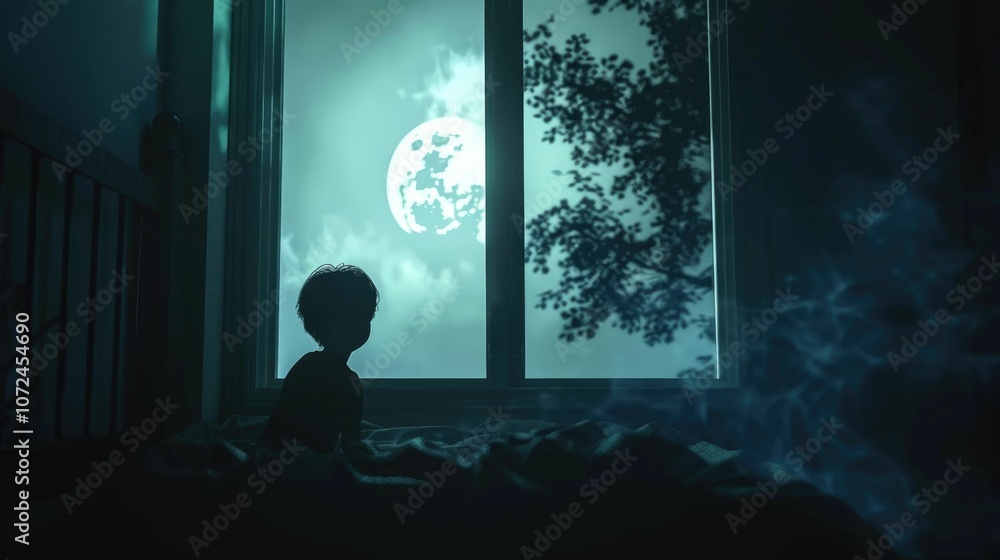 A silhouette of a child gazing at a mystical moonlit window at night. A silhouette of a child gazing at a mystical moonlit window at night.