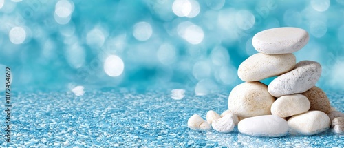 A pile of white pebbles sitting on top of a blue surface