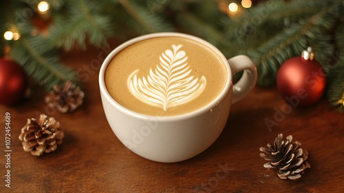 A cozy, festive cup of coffee with intricate latte art, set against a backdrop of pine branches and holiday ornaments.