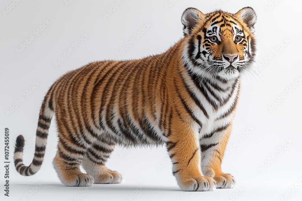 Obraz premium Majestic tiger cub standing alert against soft white background