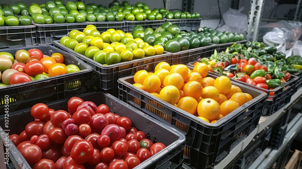 Fresh produce arranged in crates for sale. Fresh produce arranged in crates for sale.