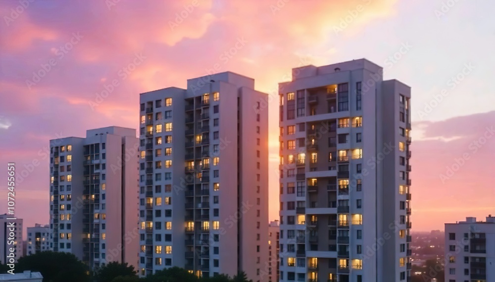 At sunset, a tall apartment building is illuminated with a warm light, matched by the colors of the sunset sky. At sunset, a tall apartment building is illuminated with a warm light, matched by the colors of the sunset sky.