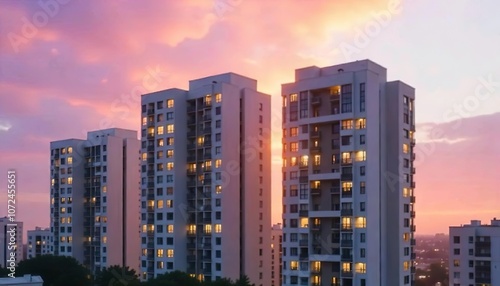 At sunset, a tall apartment building is illuminated with a warm light, matched by the colors of the sunset sky.