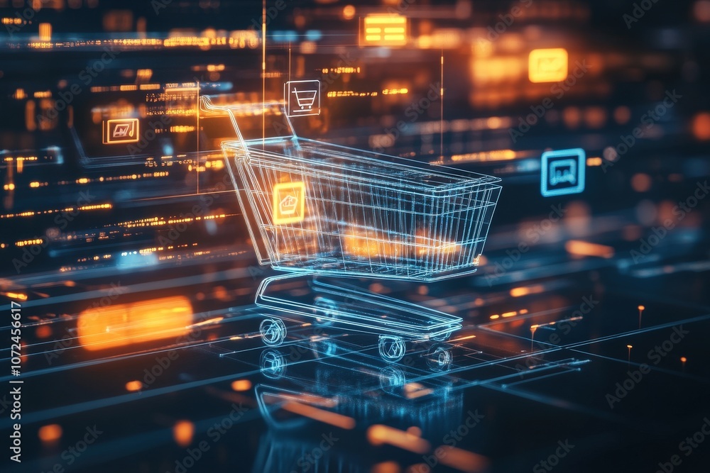 Futuristic 3D Render of a Digital Shopping Cart Icon with Floating Data and Product Information Panels for E-Commerce and Online Retail Concept Futuristic 3D Render of a Digital Shopping Cart Icon with Floating Data and Product Information Panels for E-Commerce and Online Retail Concept