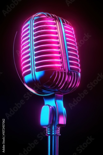 Neon Retro Microphone on Dark Background	